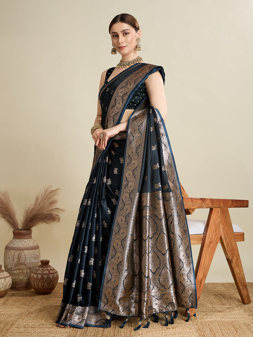 Vedant Vastram Soft Litchi SIlk Banarasi Silk Jacquard Saree - Navy Blue | Grocsy