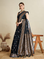 Vedant Vastram Soft Litchi SIlk Banarasi Silk Jacquard Saree - Navy Blue | Grocsy