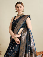 Vedant Vastram Soft Litchi SIlk Banarasi Silk Jacquard Saree - Navy Blue | Grocsy