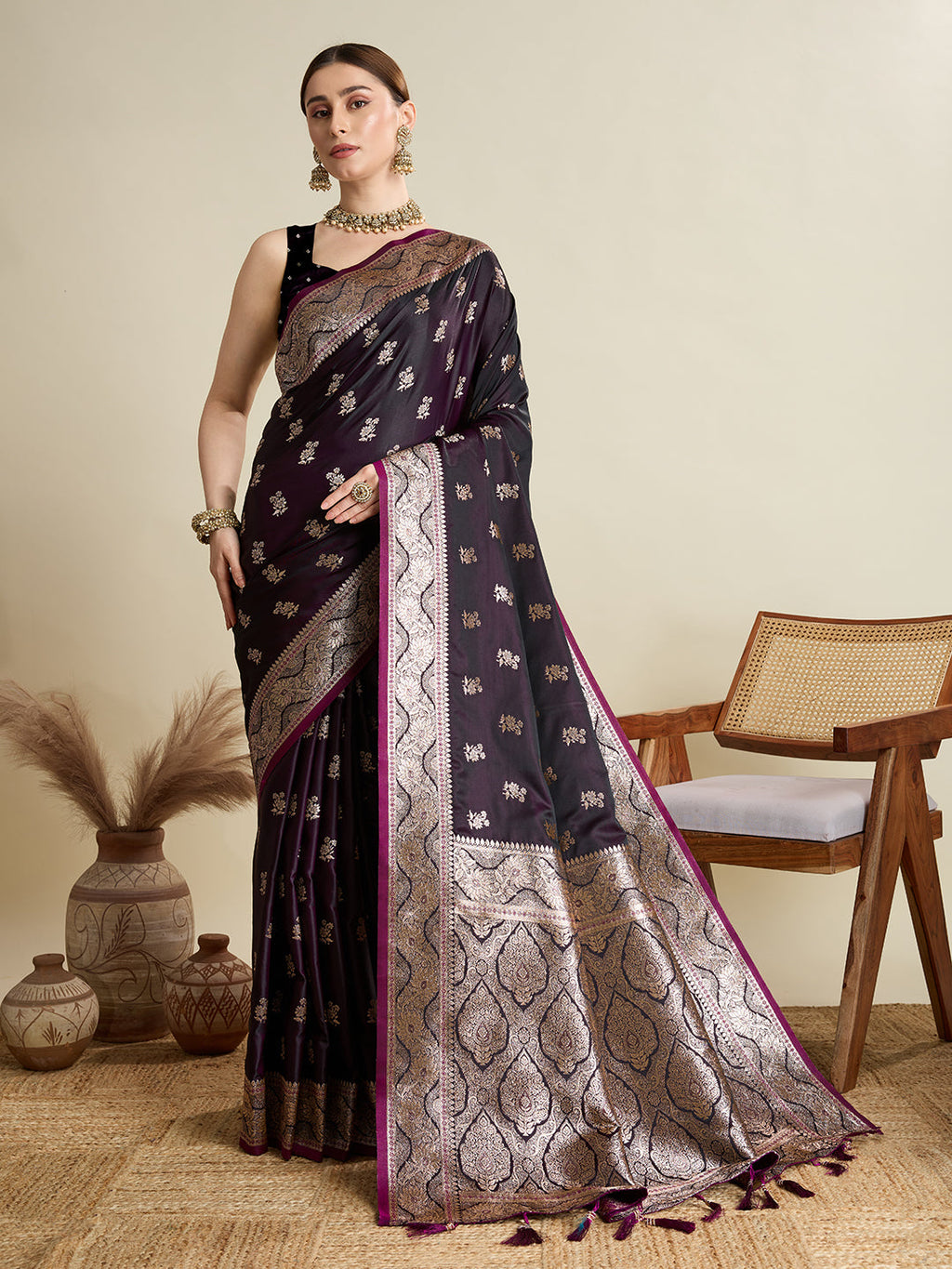 Vedant Vastram Soft Litchi SIlk Banarasi Silk Jacquard Saree - Wine | Grocsy