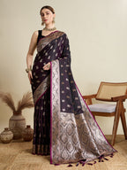 Vedant Vastram Soft Litchi SIlk Banarasi Silk Jacquard Saree - Wine | Grocsy