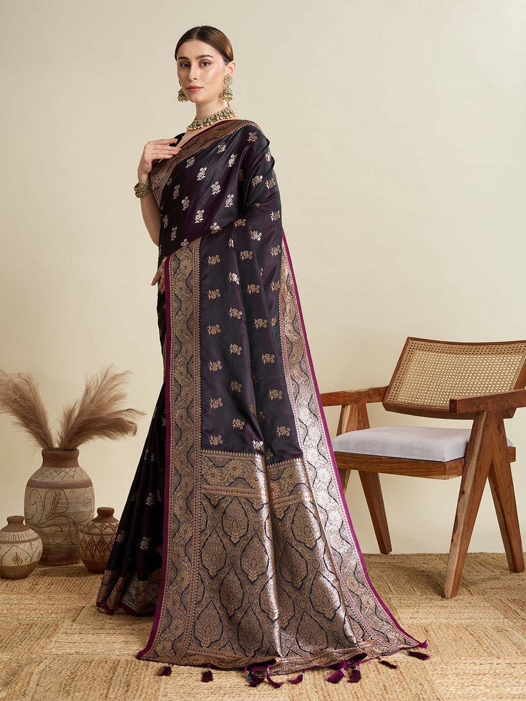 Vedant Vastram Soft Litchi SIlk Banarasi Silk Jacquard Saree - Wine | Grocsy
