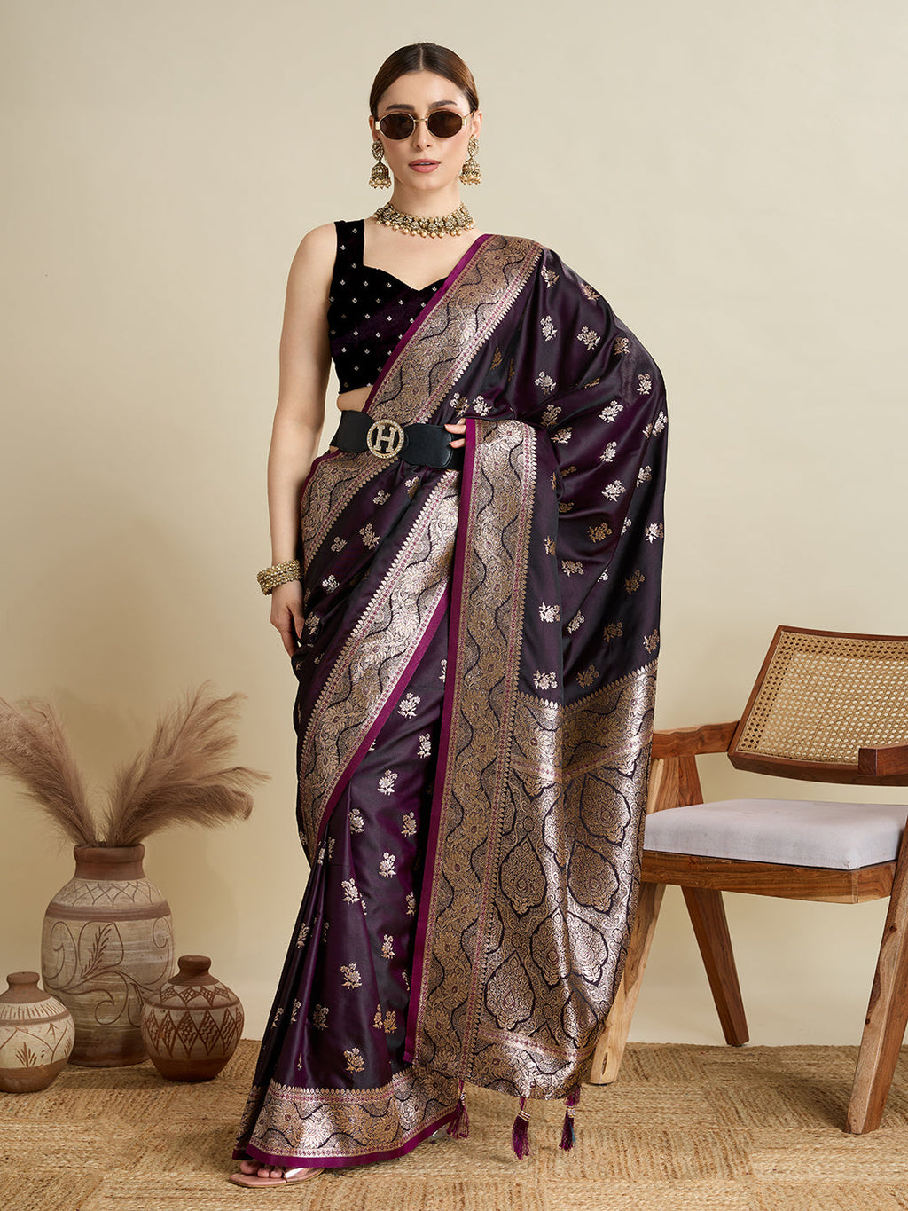 Vedant Vastram Soft Litchi SIlk Banarasi Silk Jacquard Saree - Wine | Grocsy