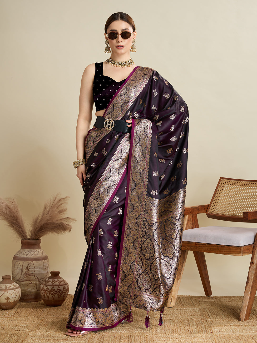 Vedant Vastram Soft Litchi SIlk Banarasi Silk Jacquard Saree - Wine | Grocsy