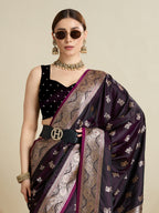 Vedant Vastram Soft Litchi SIlk Banarasi Silk Jacquard Saree - Wine | Grocsy