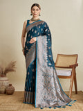 Vedant Vastram Soft Litchi SIlk Banarasi Silk Jacquard Saree - Firozi | Grocsy