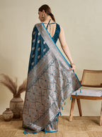 Vedant Vastram Soft Litchi SIlk Banarasi Silk Jacquard Saree - Firozi | Grocsy