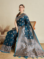 Vedant Vastram Soft Litchi SIlk Banarasi Silk Jacquard Saree - Firozi | Grocsy