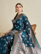 Vedant Vastram Soft Litchi SIlk Banarasi Silk Jacquard Saree - Firozi | Grocsy