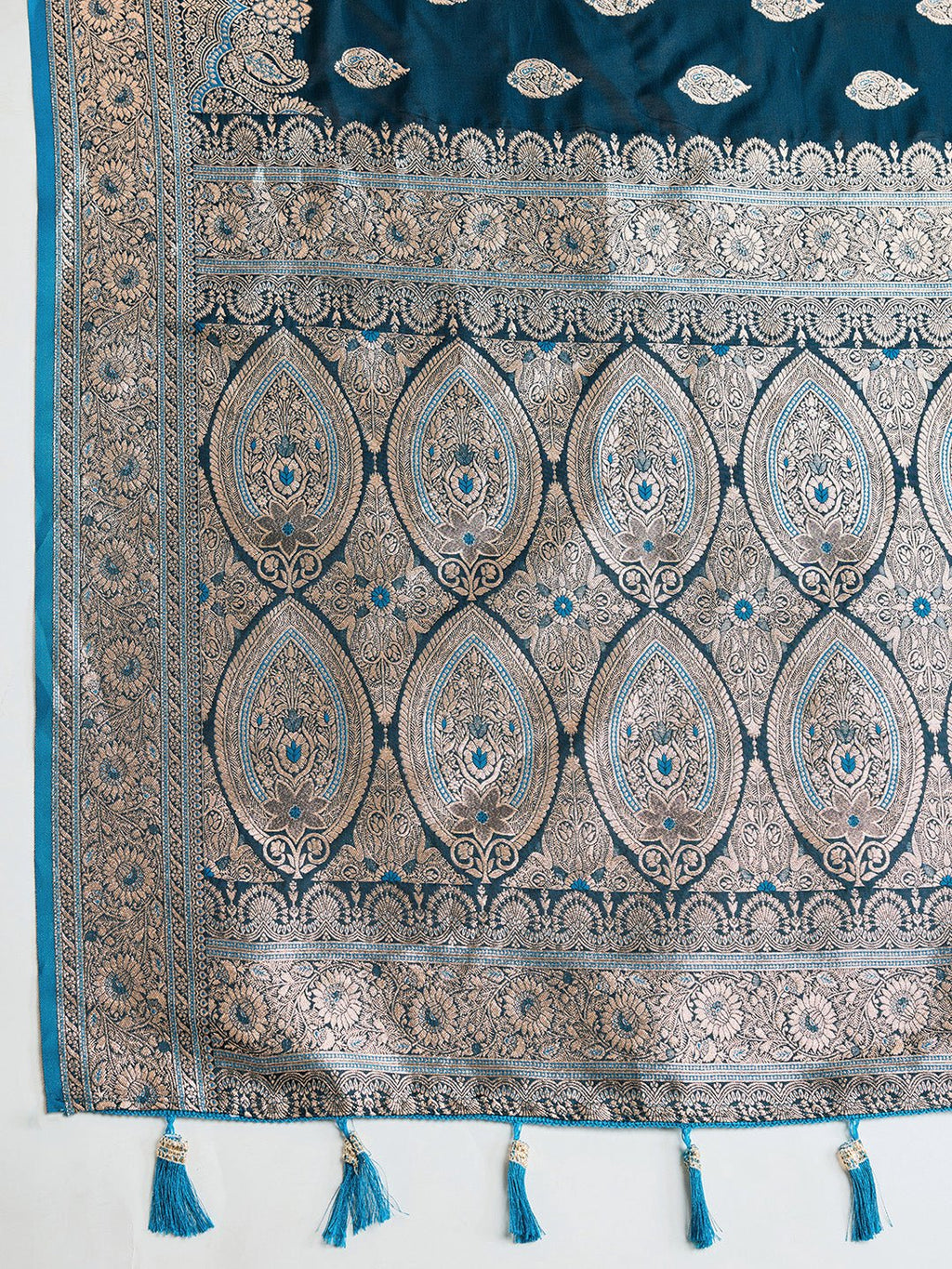 Vedant Vastram Soft Litchi SIlk Banarasi Silk Jacquard Saree - Firozi | Grocsy