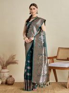 Vedant Vastram Soft Litchi SIlk Banarasi Silk Jacquard Saree - Green | Grocsy