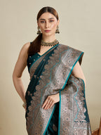 Vedant Vastram Soft Litchi SIlk Banarasi Silk Jacquard Saree - Green | Grocsy