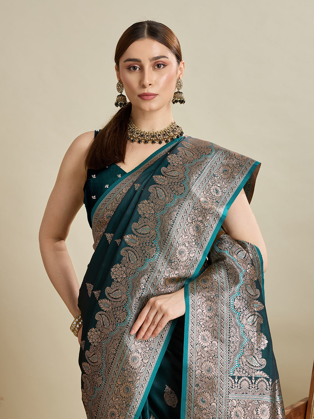Vedant Vastram Soft Litchi SIlk Banarasi Silk Jacquard Saree - Green | Grocsy