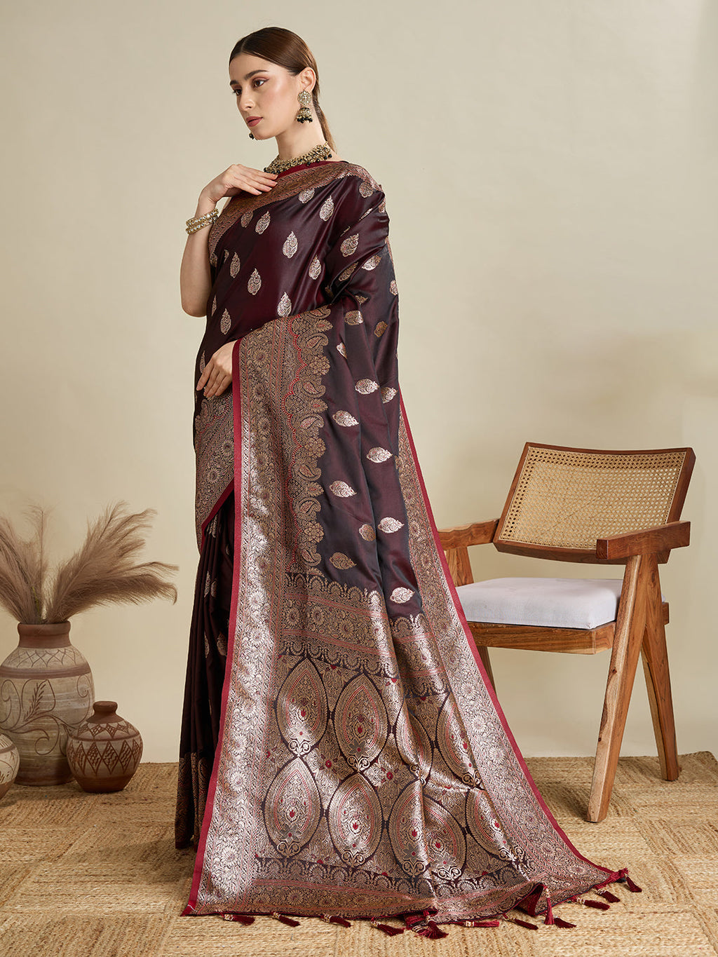 Vedant Vastram Soft Litchi SIlk Banarasi Silk Jacquard Saree - Maroon | Grocsy