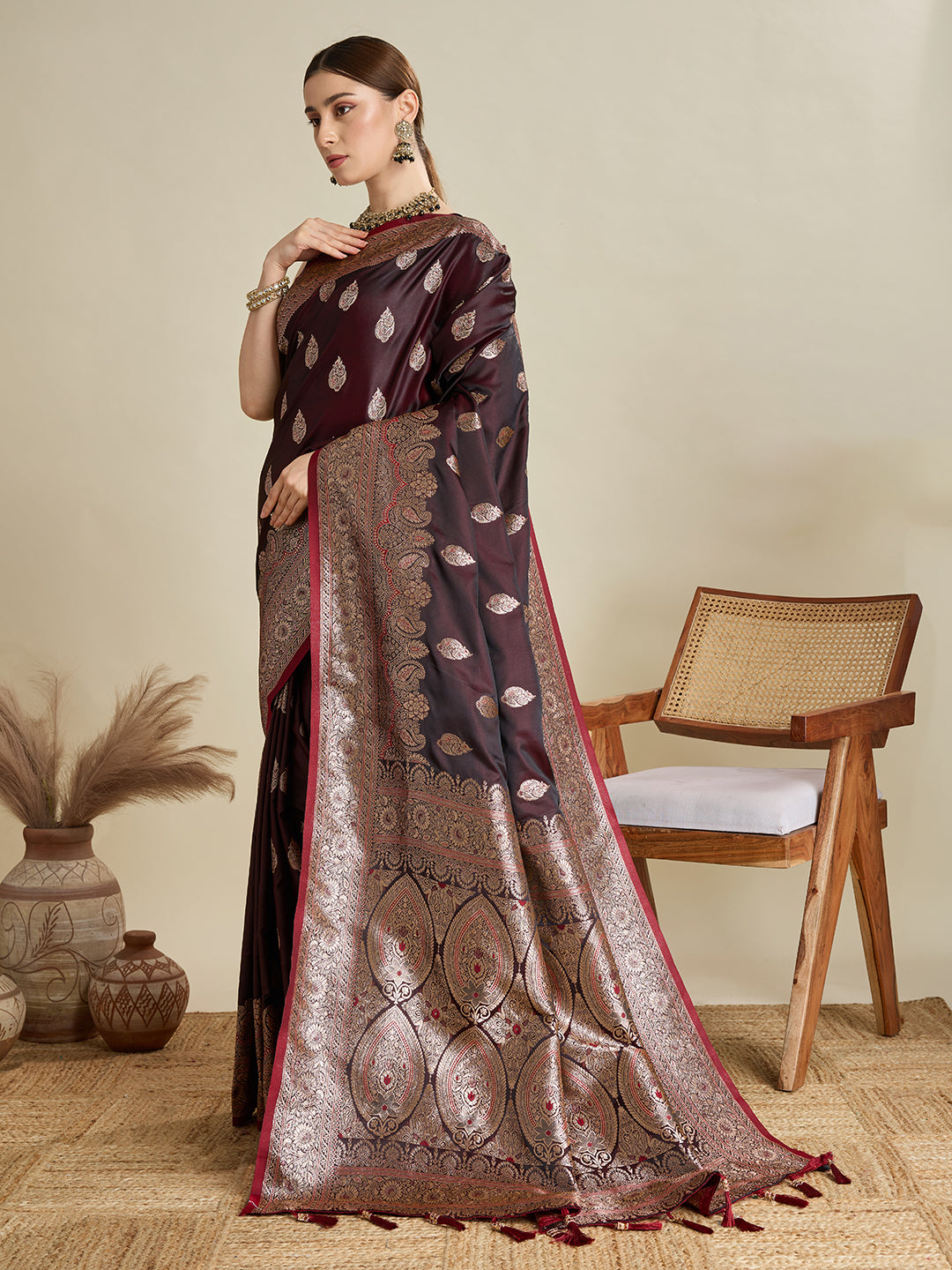 Vedant Vastram Soft Litchi SIlk Banarasi Silk Jacquard Saree - Maroon | Grocsy