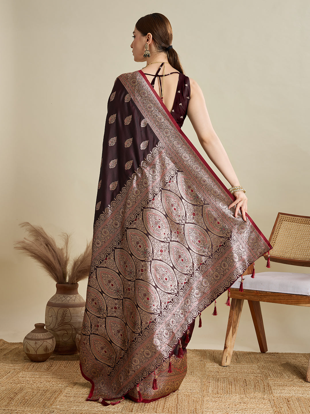 Vedant Vastram Soft Litchi SIlk Banarasi Silk Jacquard Saree - Maroon | Grocsy