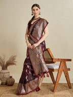 Vedant Vastram Soft Litchi SIlk Banarasi Silk Jacquard Saree - Maroon | Grocsy