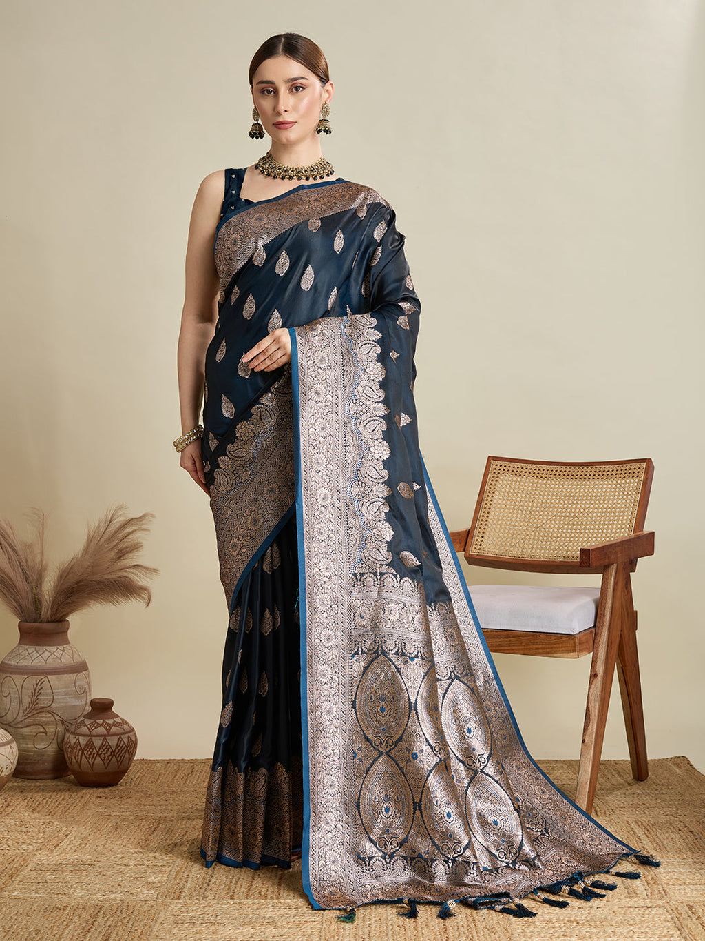 Vedant Vastram Soft Litchi SIlk Banarasi Silk Jacquard Saree - Navy Blue | Grocsy