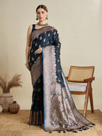 Vedant Vastram Soft Litchi SIlk Banarasi Silk Jacquard Saree - Navy Blue | Grocsy
