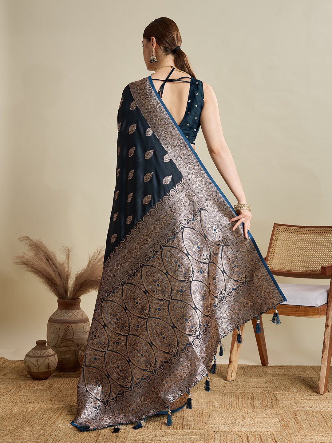 Vedant Vastram Soft Litchi SIlk Banarasi Silk Jacquard Saree - Navy Blue | Grocsy