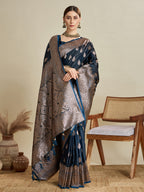 Vedant Vastram Soft Litchi SIlk Banarasi Silk Jacquard Saree - Navy Blue | Grocsy