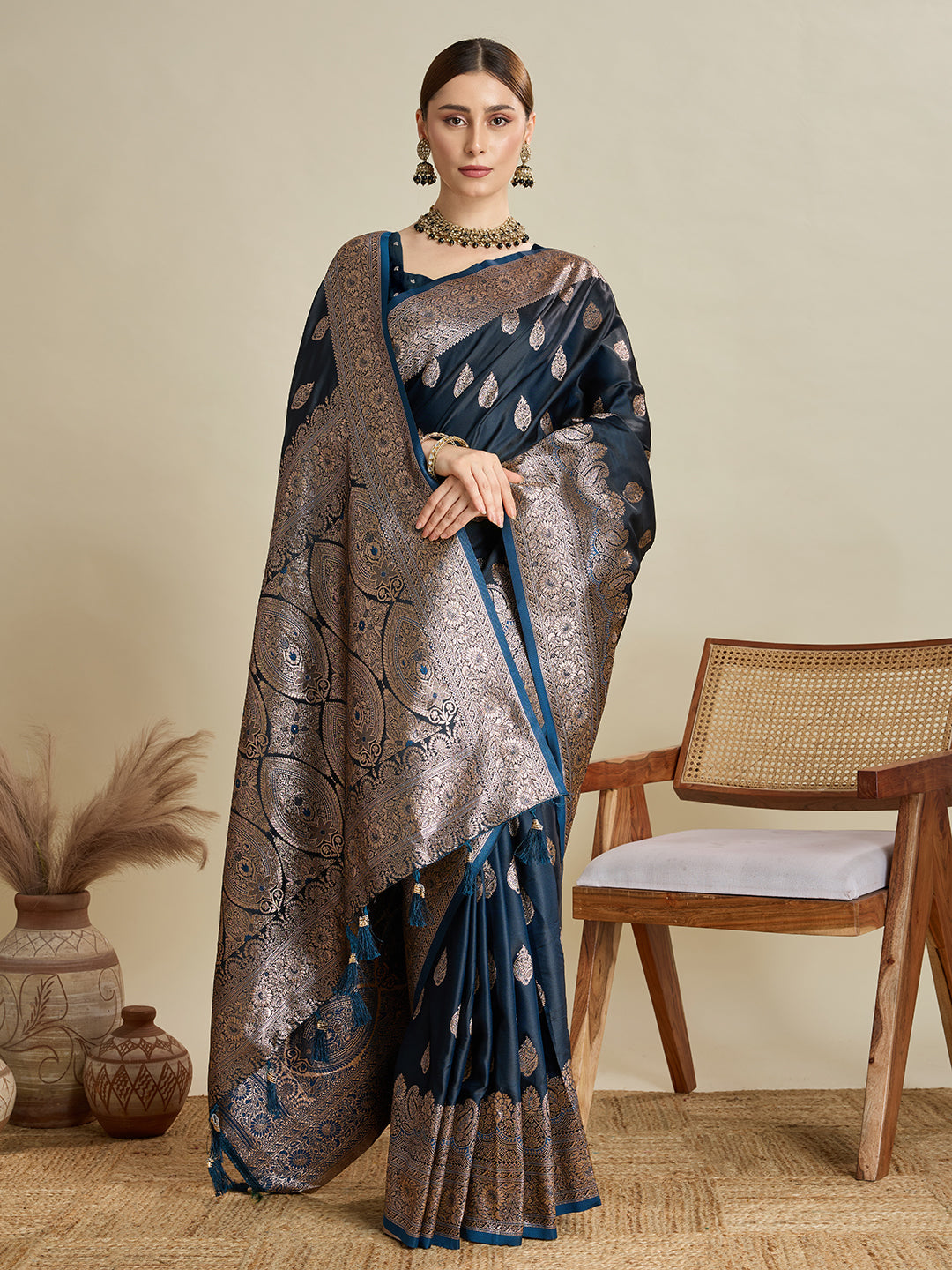 Vedant Vastram Soft Litchi SIlk Banarasi Silk Jacquard Saree - Navy Blue | Grocsy