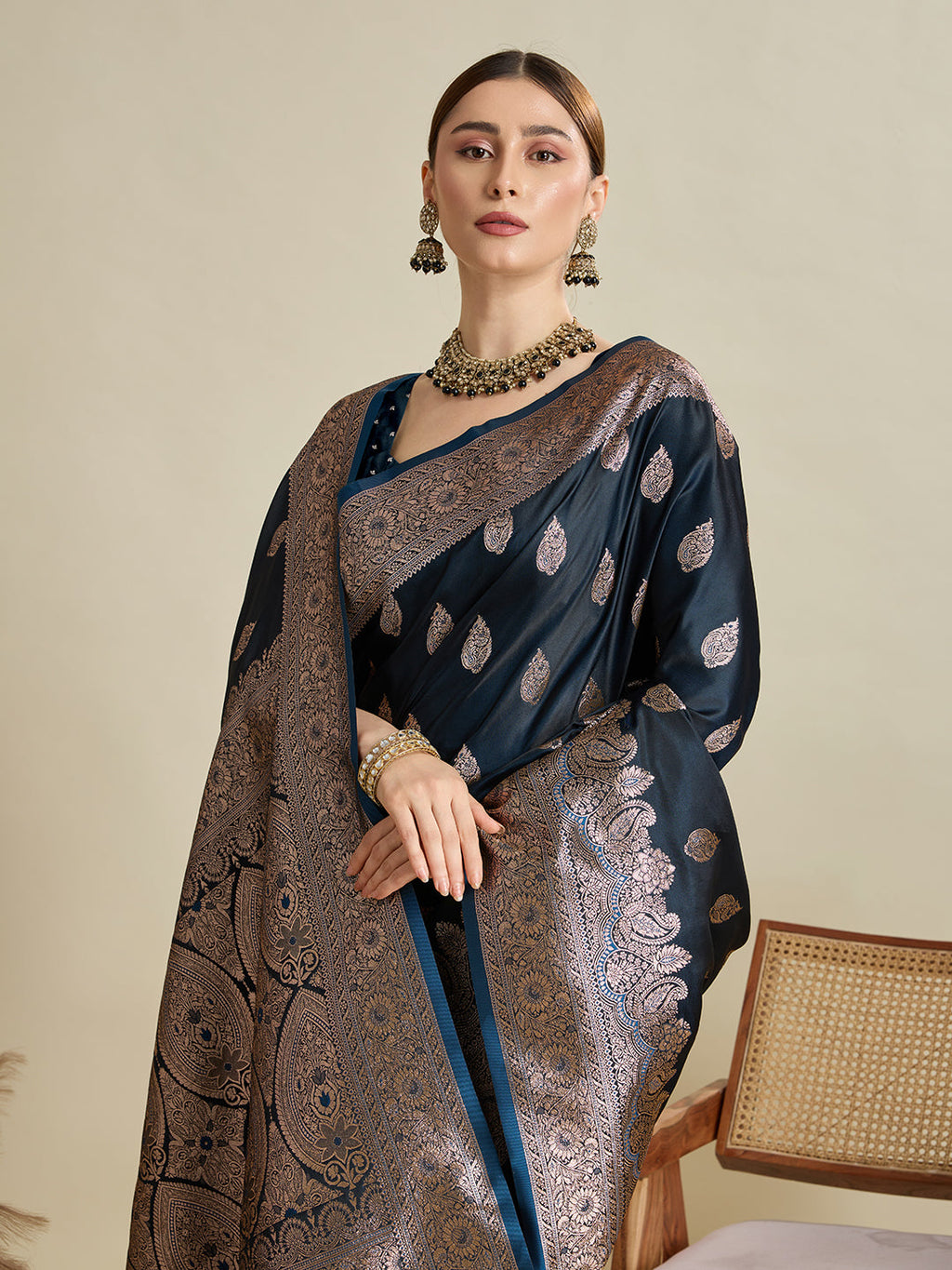 Vedant Vastram Soft Litchi SIlk Banarasi Silk Jacquard Saree - Navy Blue | Grocsy