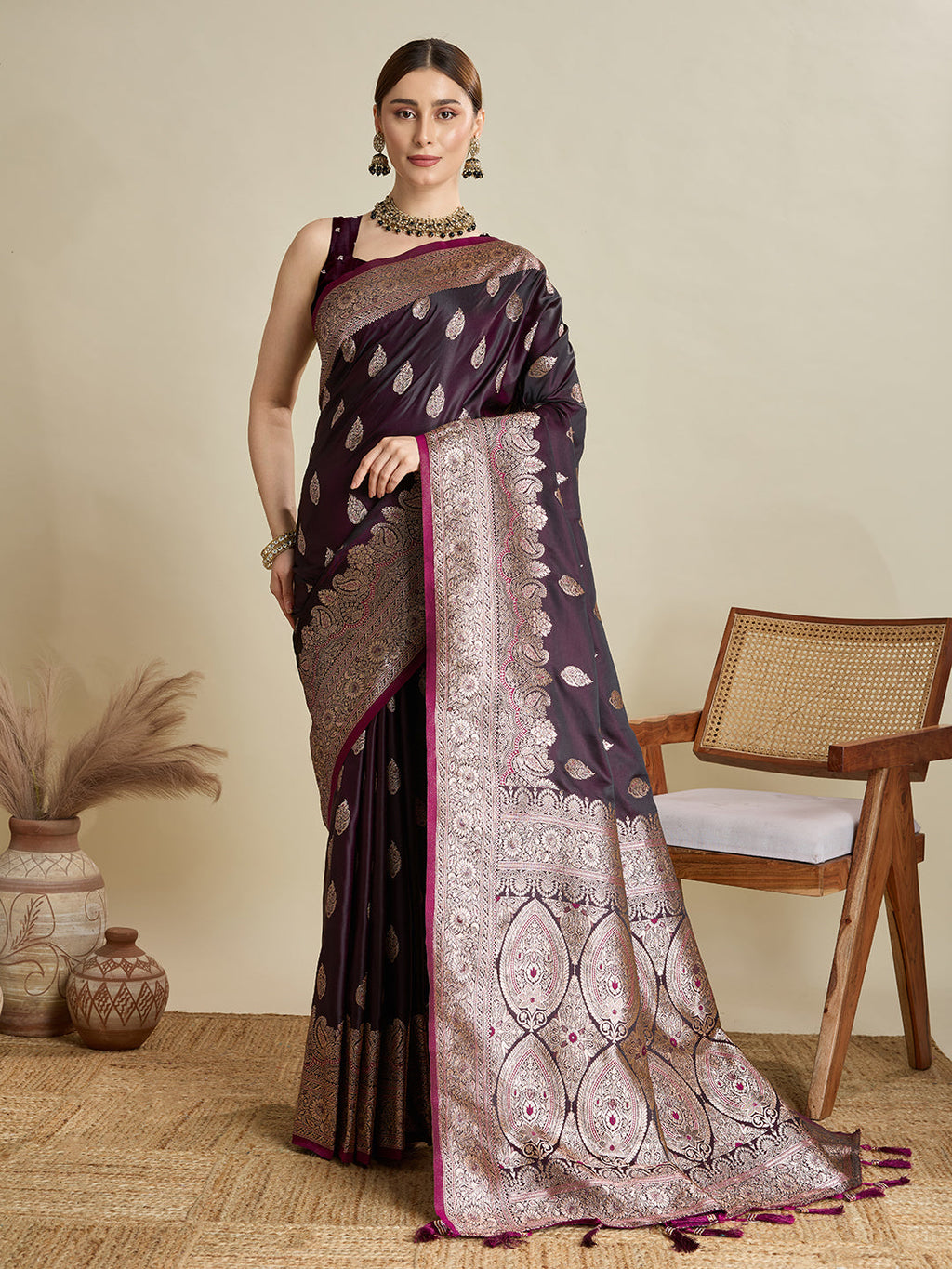 Vedant Vastram Soft Litchi SIlk Banarasi Silk Jacquard Saree - Wine | Grocsy