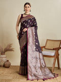 Vedant Vastram Soft Litchi SIlk Banarasi Silk Jacquard Saree - Wine | Grocsy
