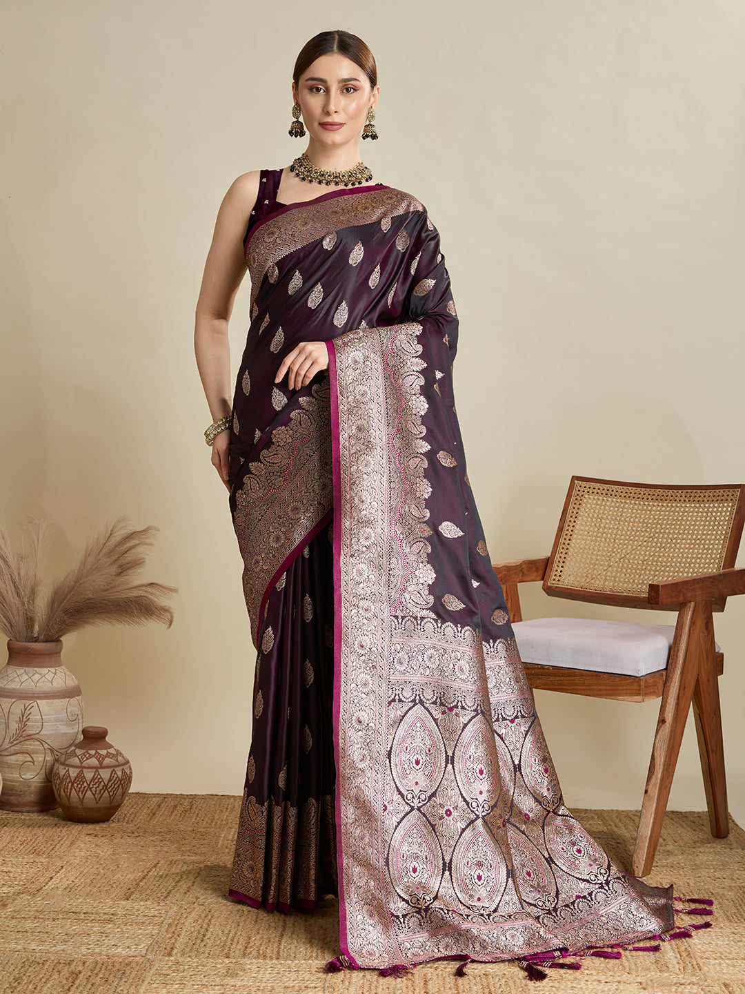 Vedant Vastram Soft Litchi SIlk Banarasi Silk Jacquard Saree - Wine | Grocsy