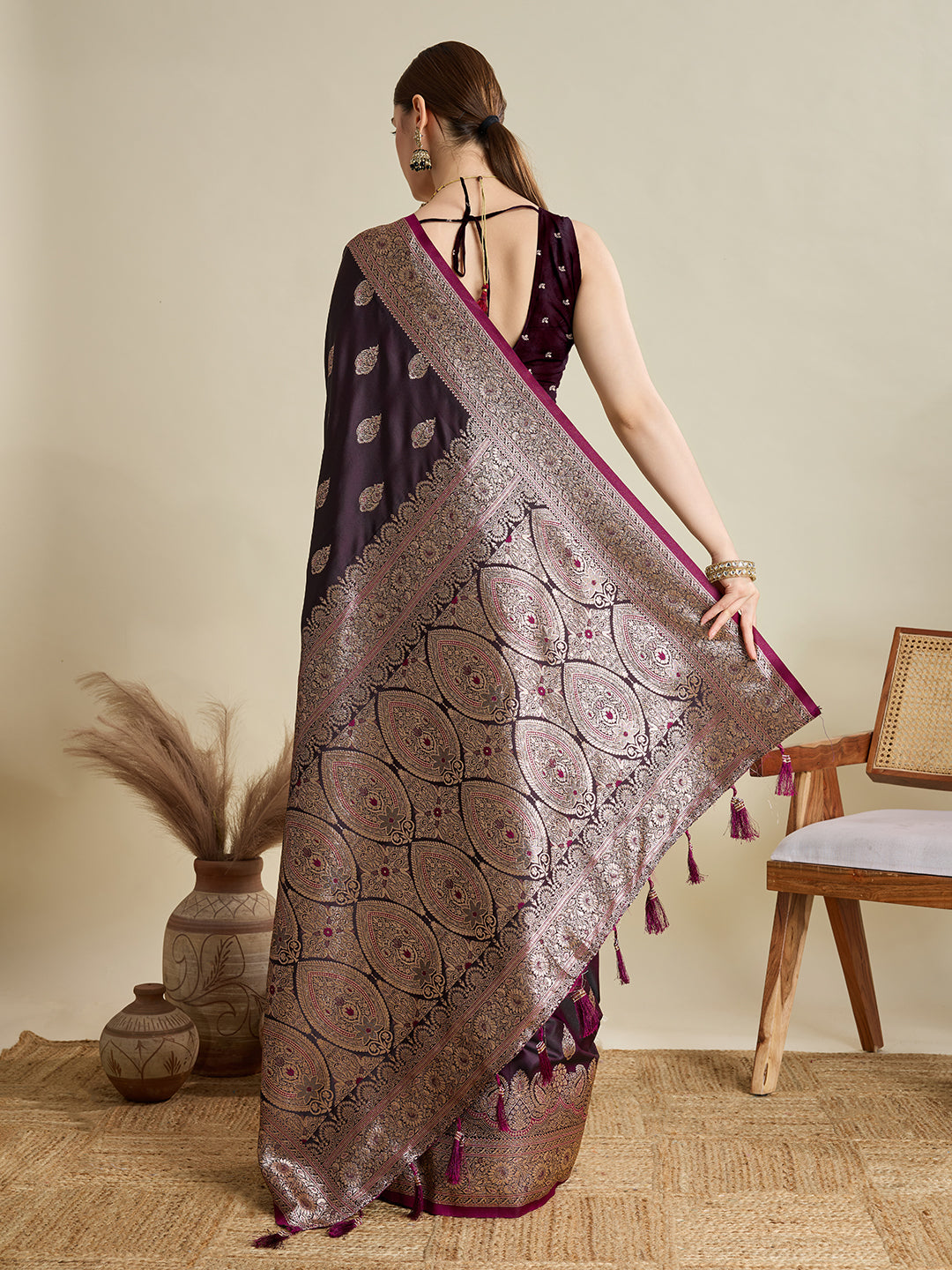 Vedant Vastram Soft Litchi SIlk Banarasi Silk Jacquard Saree - Wine | Grocsy