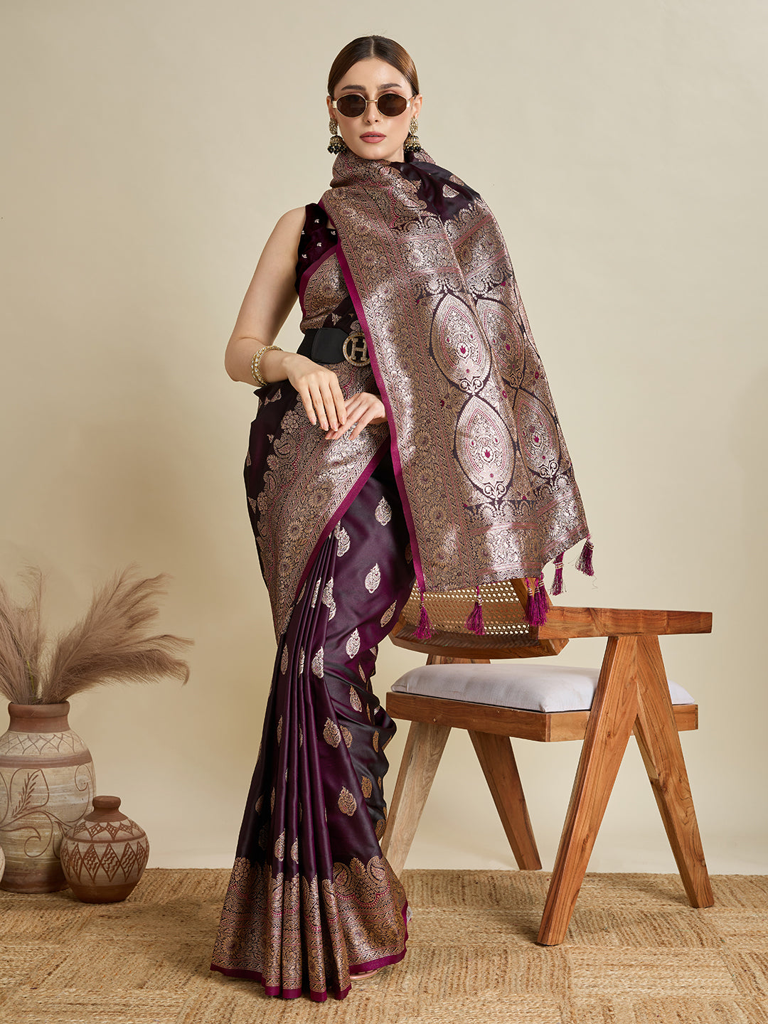 Vedant Vastram Soft Litchi SIlk Banarasi Silk Jacquard Saree - Wine | Grocsy