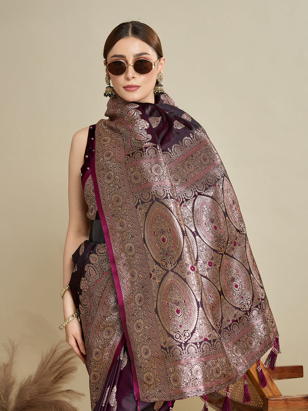 Vedant Vastram Soft Litchi SIlk Banarasi Silk Jacquard Saree - Wine | Grocsy