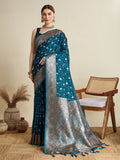 Vedant Vastram Soft Litchi SIlk Banarasi Silk Jacquard Saree - Firozi | Grocsy