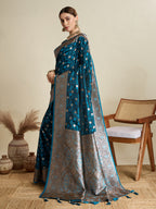 Vedant Vastram Soft Litchi SIlk Banarasi Silk Jacquard Saree - Firozi | Grocsy