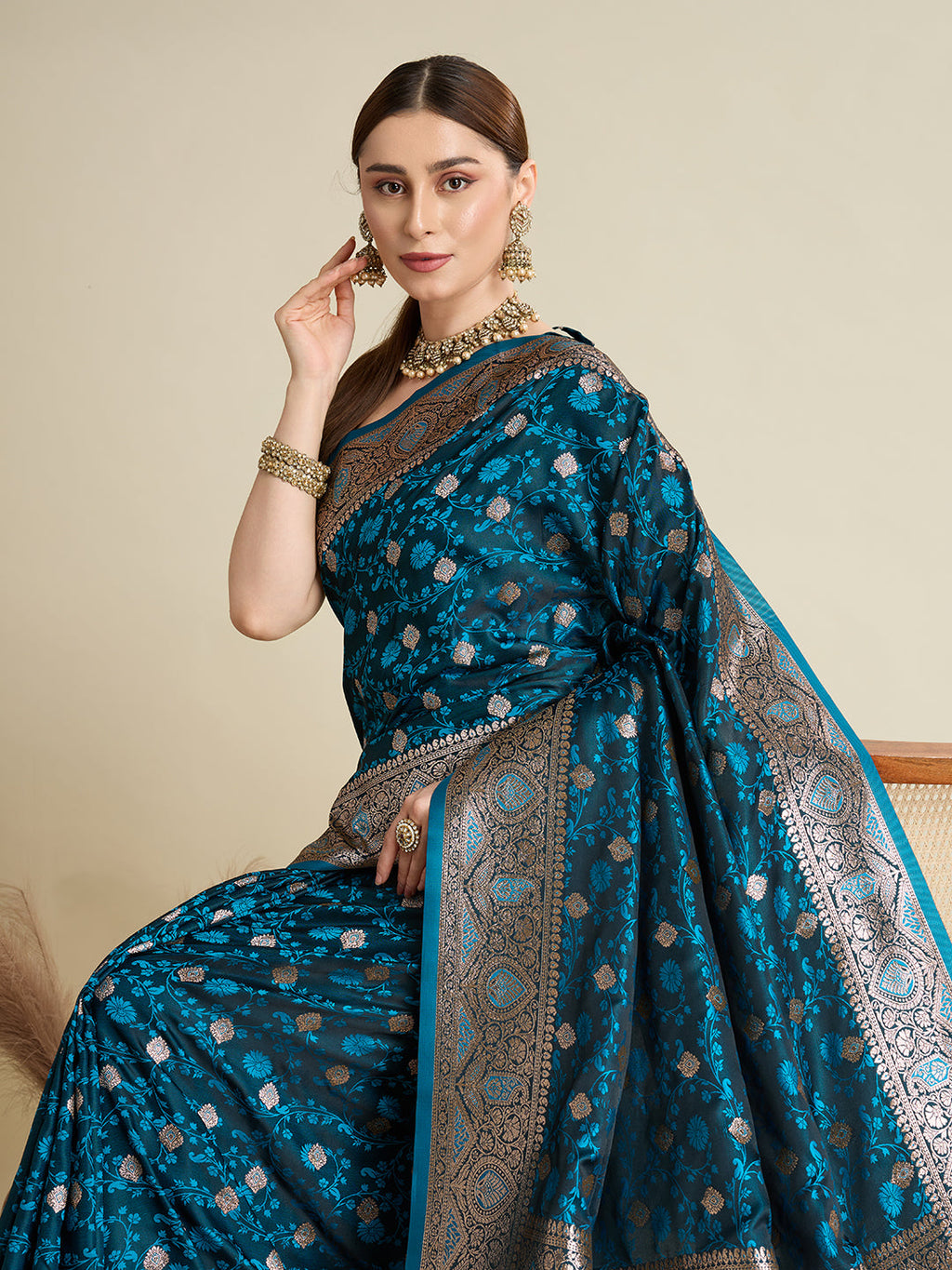 Vedant Vastram Soft Litchi SIlk Banarasi Silk Jacquard Saree - Firozi | Grocsy