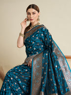 Vedant Vastram Soft Litchi SIlk Banarasi Silk Jacquard Saree - Firozi | Grocsy
