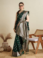 Vedant Vastram Soft Litchi SIlk Banarasi Silk Jacquard Saree - Green | Grocsy