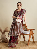 Vedant Vastram Soft Litchi SIlk Banarasi Silk Jacquard Saree - Maroon | Grocsy