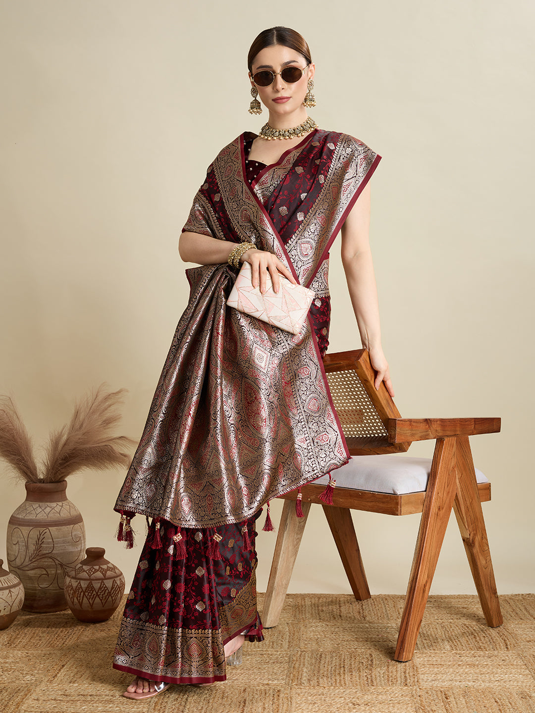 Vedant Vastram Soft Litchi SIlk Banarasi Silk Jacquard Saree - Maroon | Grocsy