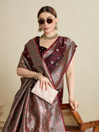 Vedant Vastram Soft Litchi SIlk Banarasi Silk Jacquard Saree - Maroon | Grocsy