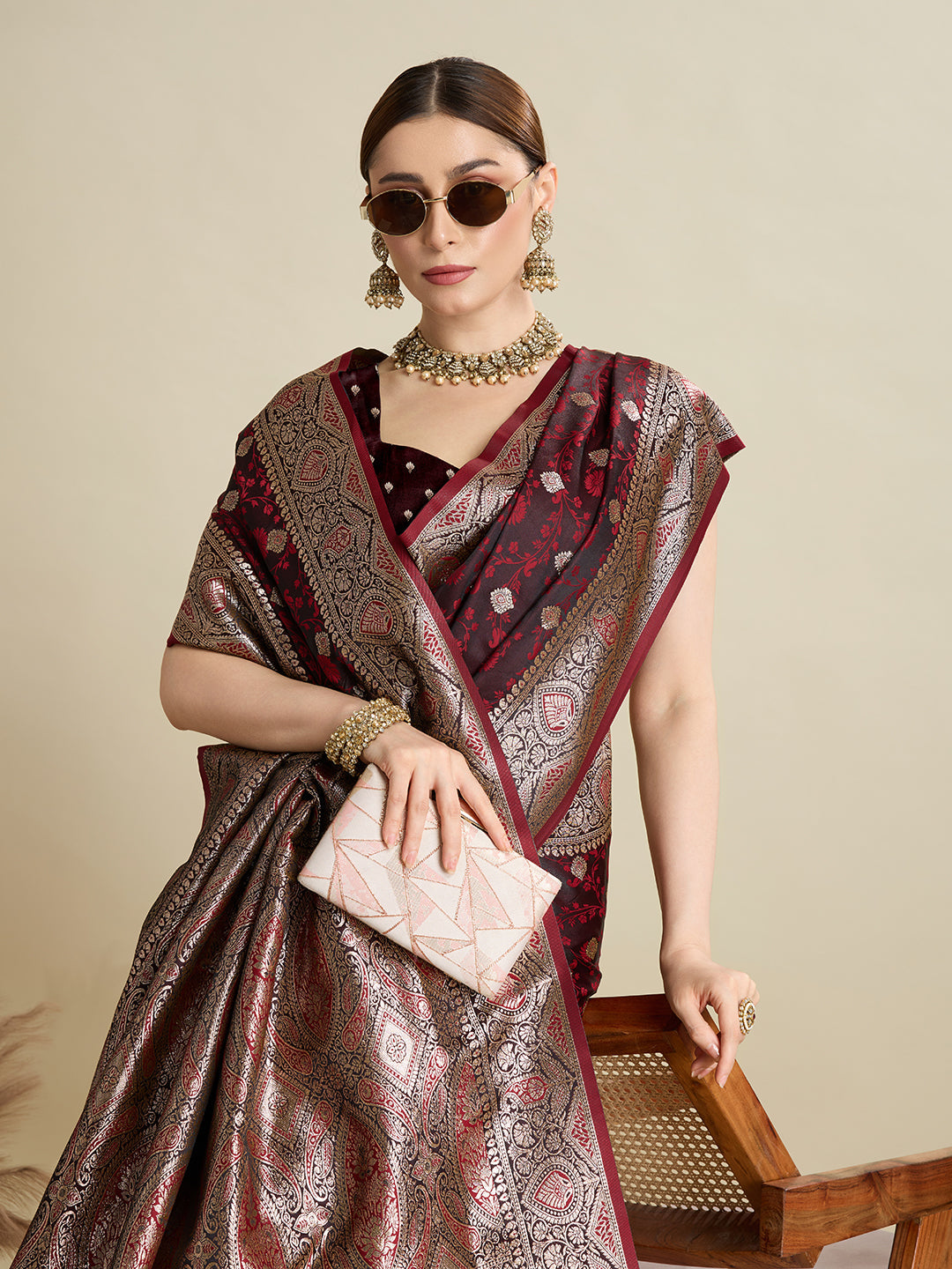 Vedant Vastram Soft Litchi SIlk Banarasi Silk Jacquard Saree - Maroon | Grocsy