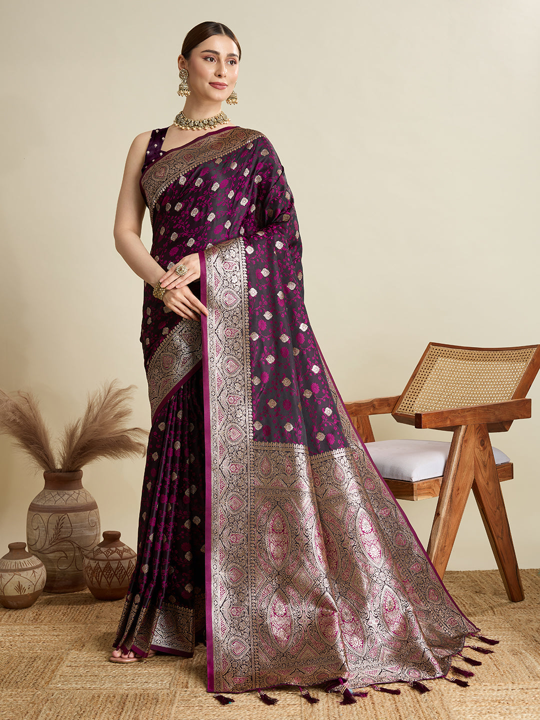 Vedant Vastram Soft Litchi SIlk Banarasi Silk Jacquard Saree - Wine | Grocsy