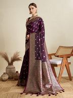 Vedant Vastram Soft Litchi SIlk Banarasi Silk Jacquard Saree - Wine | Grocsy