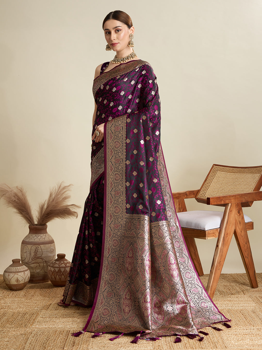 Vedant Vastram Soft Litchi SIlk Banarasi Silk Jacquard Saree - Wine | Grocsy