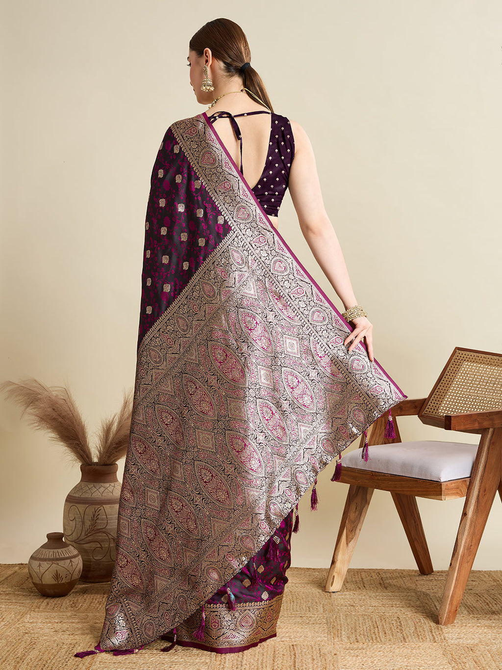 Vedant Vastram Soft Litchi SIlk Banarasi Silk Jacquard Saree - Wine | Grocsy