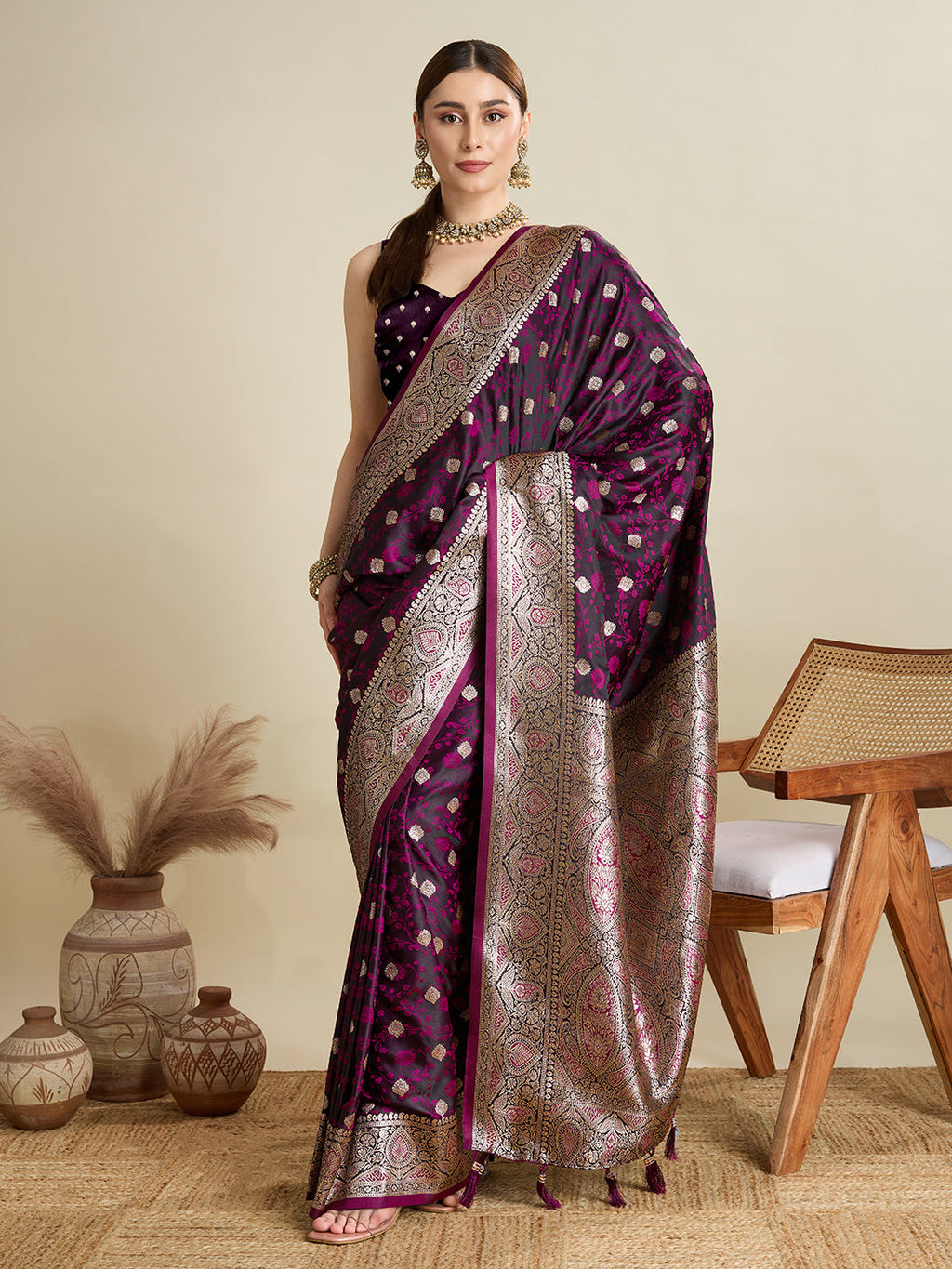 Vedant Vastram Soft Litchi SIlk Banarasi Silk Jacquard Saree - Wine | Grocsy
