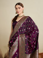 Vedant Vastram Soft Litchi SIlk Banarasi Silk Jacquard Saree - Wine | Grocsy