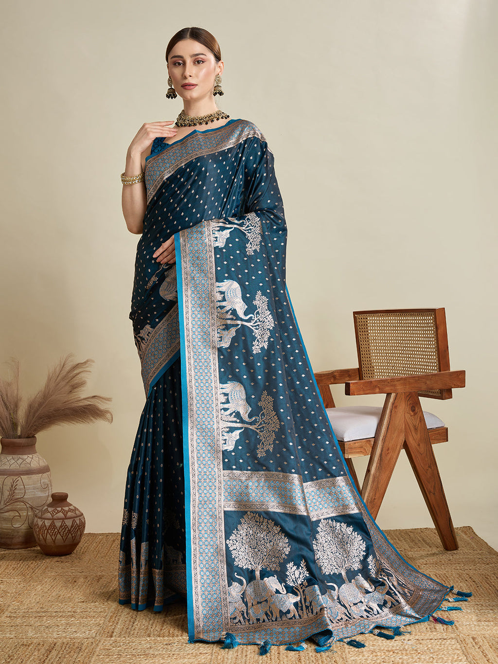 Vedant Vastram Soft Litchi SIlk Banarasi Silk Jacquard Saree - Firozi | Grocsy