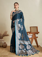 Vedant Vastram Soft Litchi SIlk Banarasi Silk Jacquard Saree - Firozi | Grocsy